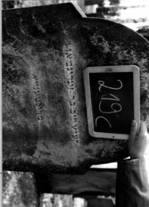 Grabstein 219 (Index: 100112171) Material: Sandstein Zustand: leicht verwittert Maße HxBxT: 136x63x13 cm Beschreibung: Stele, Sockel, schräg eingezogener Rundbogenabschluß Symbolik: Blüten: Grabstein 219C