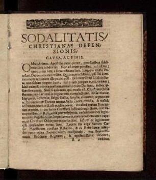 Sodalitatis/ Christianae Defensinis/ Causa, Ac Finis