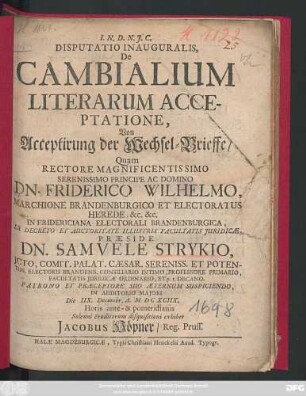 Disputatio Inauguralis, De Cambialium Literarum Acceptatione