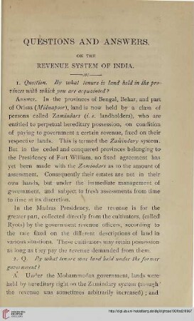 Questions and Answers on the Revenue System of India