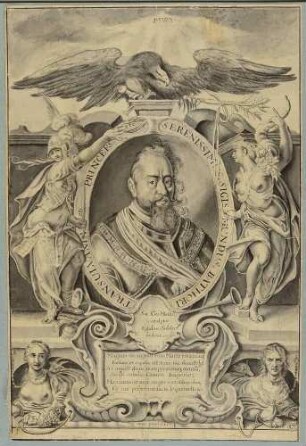 Bildnis Bathori (von Transsylvanien), Szigmond (Sigismund), Fürst von Ungarn (Oval) mit allegorischer Umrahmung