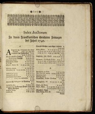Index Auctorum. Zu denen Franckfurtischen Gelehrten Zeitungen des Jahrs 1740