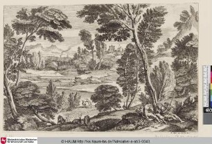 [Family in the Countryside; Familie mit Ziegenherde in einer Flusslandschaft]