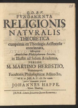 Fundamenta Religionis Naturalis Theoretica : cumprimis ex Theologia Aristotelis concinnata