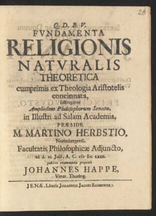 Fundamenta Religionis Naturalis Theoretica : cumprimis ex Theologia Aristotelis concinnata
