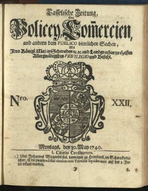 Nro. XXII, Montags, den 30. May 1740