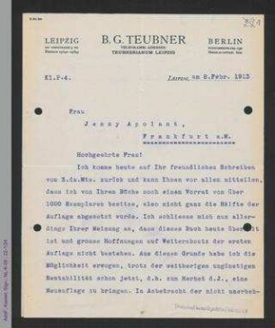 Brief vom B.G. Teubner Verlag an Jenny Apolant