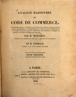 Analyse raisonnée du Code de Commerce, 1