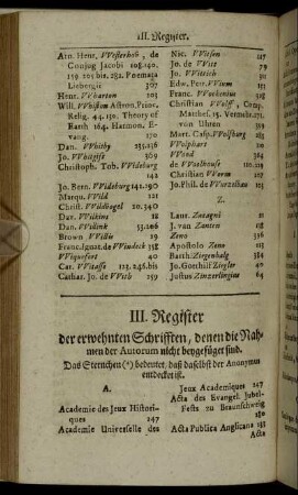 III. Register der erwehnten Schifften, denen die Nahmen der Autorum nicht beygefüget sind.