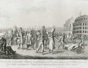Die von den verbündeten Truppen eingeschlossenen Franzosen kehren am 17. November 1813 nach den letzten mißlungenen Versuchen sich durchzuschlagen, in die Stadt zurück : Die von den verbündeten Truppen eingeschlossenen Franzosen kehren am 17. November 1813 nach den letzten mißlungenen Versuchen sich durchzuschlagen, in die Stadt zurück. Aus: Kriegsszenen von Dresden im Jahre 1813, Blatt 15. Radierung; 14,4 x 19,6 cm. Dresden: SLUB Hist.Sax.G.118.m