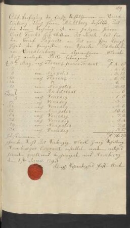 Auf Verfügung der Fürstl. Stifts Cammer in Quedlinburg, durch Herrn Mühlberg daselbst, und für dessen Rechnung ... Monat May verlangte Porto, betragend: ... Hamburg den 1. Juni 1793.