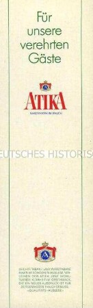 Werbeschild (doppelseitig) für "Atika"-Zigaretten,"Für unsere verehrten Gäste"