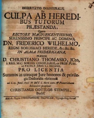 Dissertatio Inauguralis, De Culpa Ab Heredibus Tutorum Praestanda
