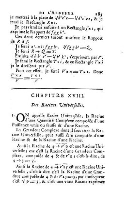 Chap. XVIII - XXV. Racines Universelles. Équations du second Degré. Racines Imaginaires. De l'Analyse.
