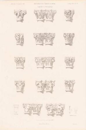 Abteikirche Knechtsteden, Dormagen: Ansichten Kapitelle, Details (aus: Atlas zur Zeitschrift für Bauwesen, hrsg. v. G. Erbkam, Jg. 24, 1874)