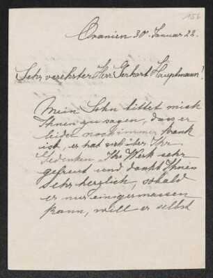 Brief von Mathilde von Unruh an Gerhart Hauptmann