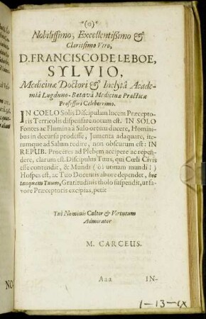 Nobilissimo, Excellentißimo & Clarissimo Viro D. Francisco De Leboe Sylvio [...]