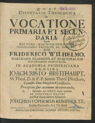Disputatio Theologica De Vocatione Primaria Et Secundaria