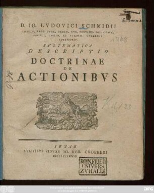 D. Io. Lvdovici Schmidii Instit. Prof. Pvbl. Ordin. Cvr. Provinc. Sax. Comm. Facvlt. Ivrid. Ac Scabin. Collegii Adsessoris Systematica Descriptio Doctrinae De Actionibvs
