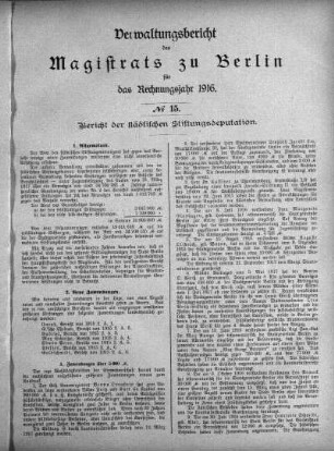 No. 15. Bericht der städtischen Stiftungsdeputation