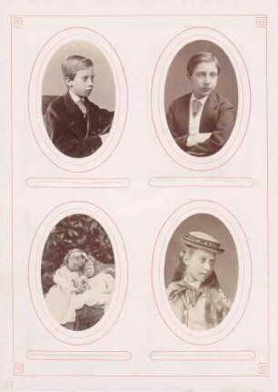 links oben: Prinz Heinrich rechts oben: Kronprinz Friedrich Wilhelm links unten: Prinzessinnen Margarethe und Sophie rechts unten: Prinzessin Charlotte von Preußen