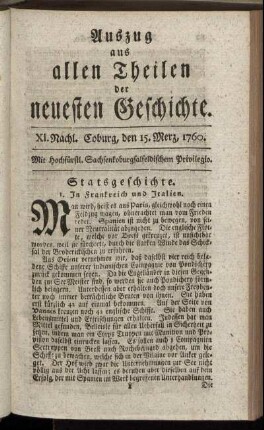 XI. Nachl. Coburg, den 15. Merz. 1760.