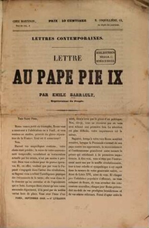 Lettres contemporaines : Lettre au Pape Pie IX, 1