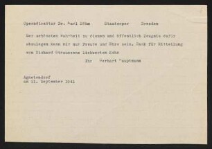 Brief von Gerhart Hauptmann an Karl Böhm