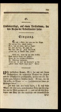 41. Leichenpredigt, auf einen Verstorbnen, der den Ruhm der Arbeitsamkeit hatte.