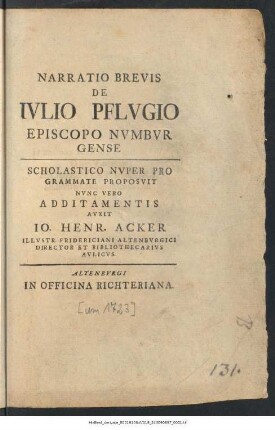 Narratio Brevis De Iulio Pflugio Episcopo Numburgense
