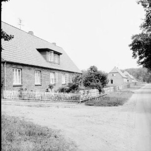 Wulmenau: Ortseingang: Landstraße aus Richtung Trenthorst: links und hinten Siedlungshäuser mit Vorgärten und Zäunen