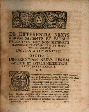 De differentia nexus rerum sapientis et fatalis necessitatis ... : Commentatio