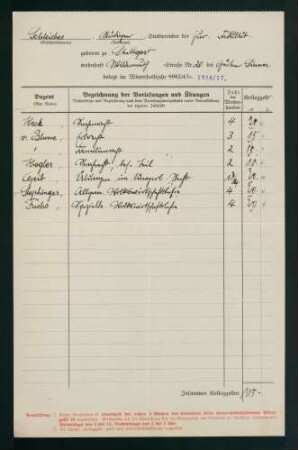 Belegungen Winterhalbjahr 1916/1917