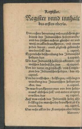 Register unnd innhalt des ersten theyls. [Schluss fehlt]