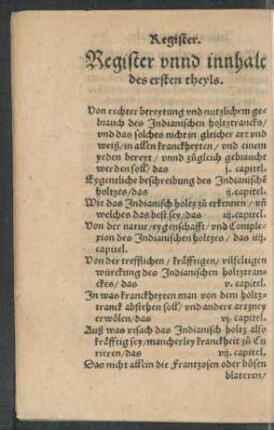 Register unnd innhalt des ersten theyls. [Schluss fehlt]