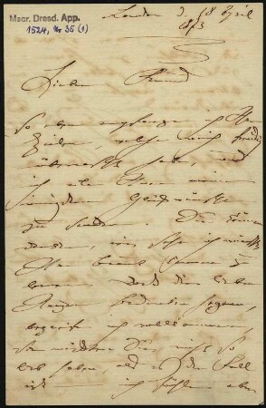 Brief von Clara Schumann an ... Schmitt : Brief von Clara Schumann an ... Schmitt. London, 18.04.1873 Brief (Seite 1). Dresden: SLUB Mscr.Dresd.App.1524,35