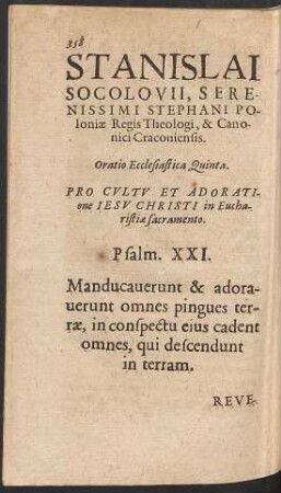 Stanislai Socolovii ... Oratio Ecclesiastica Quinta.