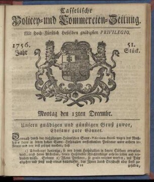 51. Stueck, Montag den 13ten Decembr. 1756