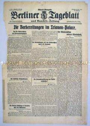 "Berliner Tageblatt" zu den Friedensverhandlungen von Versailles/Trianon