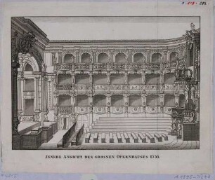 Dresden, Innenansicht des Großen Opernhauses am Zwinger (1719 von Pöppelmann erbaut, 1849 abgebrannt) im Zustand von 1755, aus den Abbildungen zur Chronik Dresdens von 1835