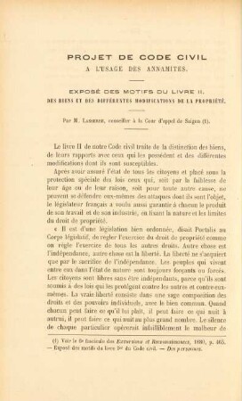 Projet de code civil à l'usage des annamites. ... par M. Lasserre, conseiller à la Cour d'appel de Saigon