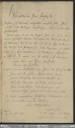 Eigenh. Brief von Carl August Dohrn an August Wilhelm von Schlegel, Berlin, 31.07.1841