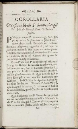 Corollaria Occasione libelli P. Sonnenbergii ...