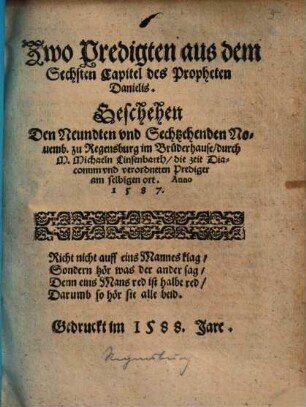 Zwo Predigten aus dem Sechsten Capitel des Propheten Danielis