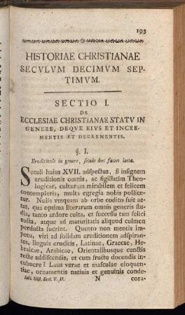 Historiae Christianae Seculum Decimum Septimum.