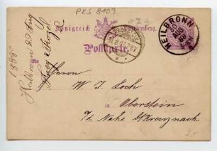 "Königreich Württemberg. Postkarte". Absender: Frey & Kozel, Heilbronn. Empfänger: W.J. Loch, Oberstein. Heilbronner Poststempel