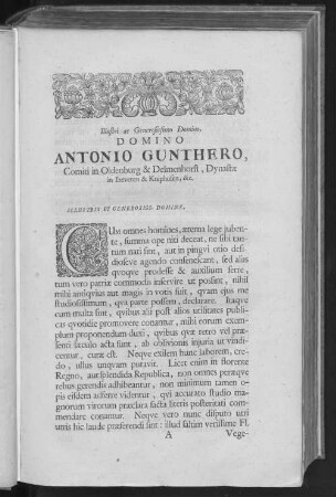 Illustri ac Generosissimo Domino, DOMINO ANTONIO GUNTHERO, Comiti in Oldenburg & Delmenhorst, Dynastae in Iheveren & Kniphusen, &c.