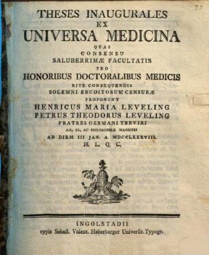 Theses inaugurales ex universa medicina