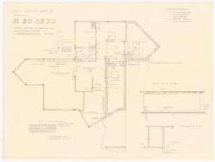 Schmitz-Häuser, Biberach/Riss Wohnhaus Werner Schmitz: Rohrführung der Heizung und der sanitären Anlagen im Untergeschoss: Grundriss 1:50, Schnitt A-A, B-B 1:50, Deckendetail 1:10