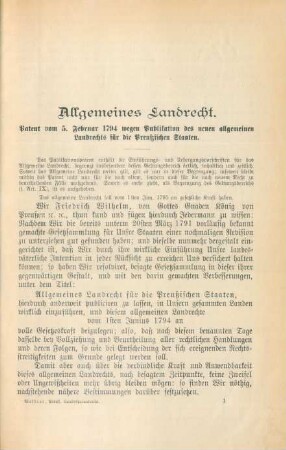 Allgemeines Landrecht. Patent vom 5. Februar 1794 wegen Publikation des neuen allgemeinen Landrechts für die Preußischen Staaten.